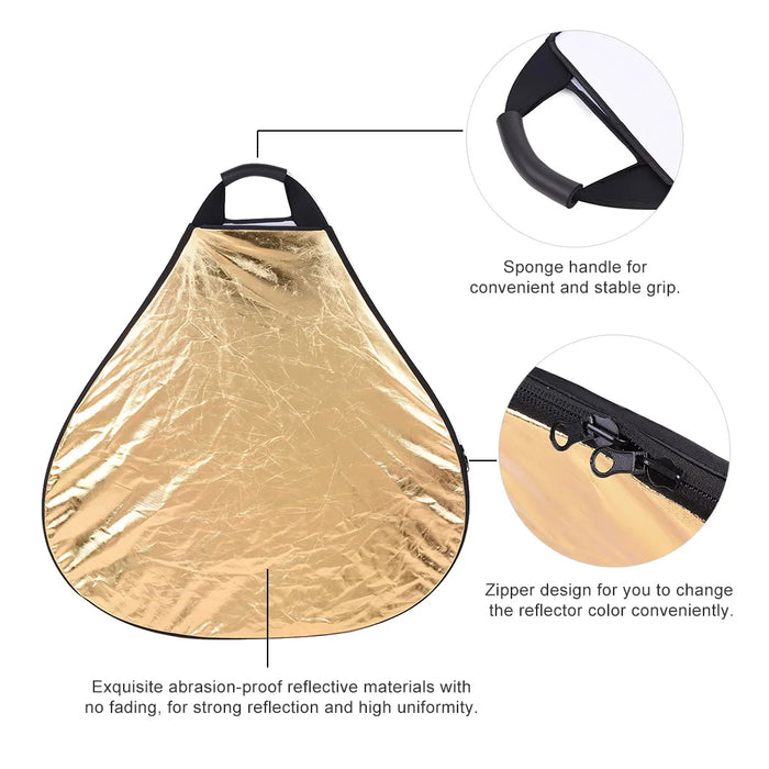REFLEX CAMERA 2-in-1 Triangle Photography Reflector 60cm (23.6in) | Silver/Gold Reflective Surfaces | Single-Hand Grip | Portable Durable Light Reflector with Carrying Case