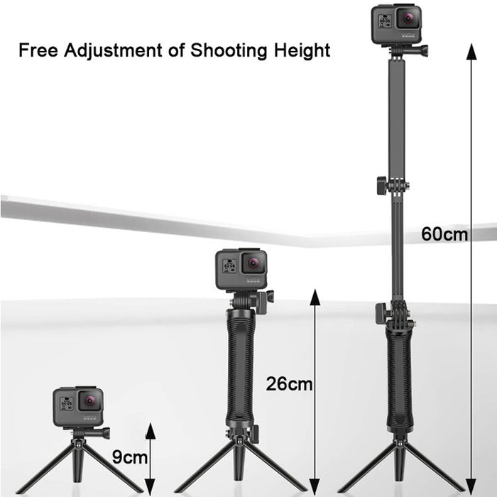 Reflex Camera 3-Way Foldable Selfie Stick Tripod for GoPro Hero 13-9, DJI Osmo Action – Extendable Pole, Tripod Grip, Lightweight Action Camera Mount for Travel, Vlogging & Sports Shooting