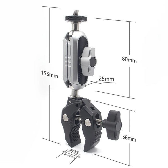 REFLEX CAMERA 360° Double Ball Head Clamp Mount with 1/4" Thread for GoPro, Insta360, DJI – Aluminum Rod Holder for Bike, Motorcycle, Pole – Flexible Action Camera POV Shooting