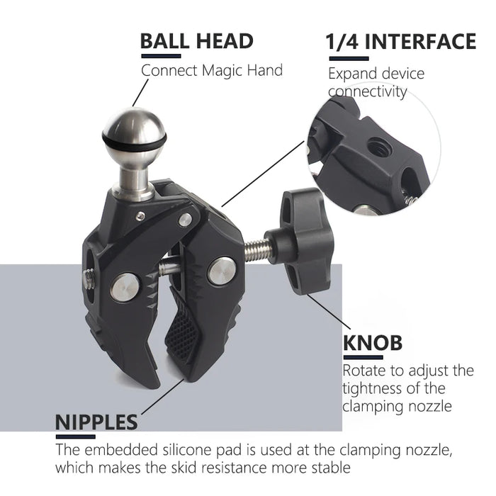REFLEX CAMERA 360° Double Ball Head Clamp Mount with 1/4" Thread for GoPro, Insta360, DJI – Aluminum Rod Holder for Bike, Motorcycle, Pole – Flexible Action Camera POV Shooting