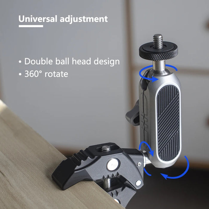 REFLEX CAMERA 360° Double Ball Head Clamp Mount with 1/4" Thread for GoPro, Insta360, DJI – Aluminum Rod Holder for Bike, Motorcycle, Pole – Flexible Action Camera POV Shooting