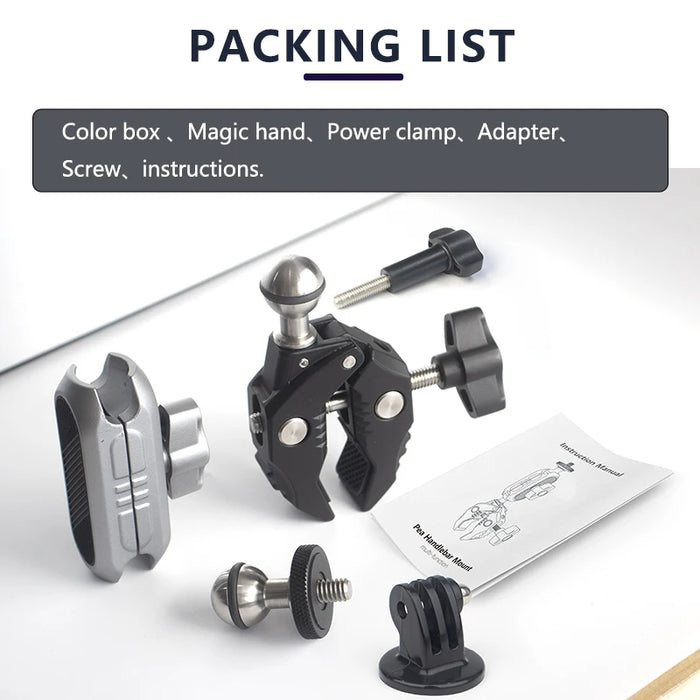 REFLEX CAMERA 360° Double Ball Head Clamp Mount with 1/4" Thread for GoPro, Insta360, DJI – Aluminum Rod Holder for Bike, Motorcycle, Pole – Flexible Action Camera POV Shooting