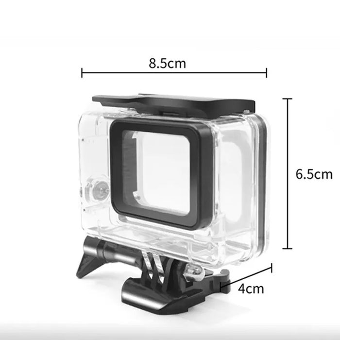 REFLEX CAMERA waterproof housing case for GoPro Hero 5/6/7 Black with dimensions labeled 8.5cm x 6.5cm x 4cm, showcasing compact and durable design