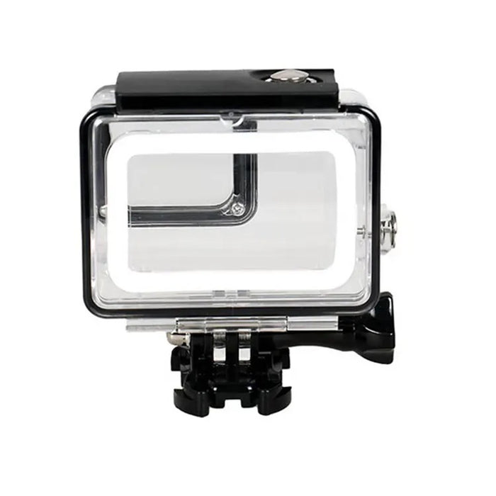 Rear view of REFLEX CAMERA waterproof housing case for GoPro Hero 5/6/7 Black, showcasing clear back panel and secure mounting base