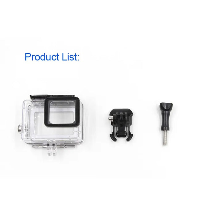 Contents of REFLEX CAMERA waterproof housing kit for GoPro Hero 5/6/7 Black, including the protective case, quick-release mount, and thumbscrew