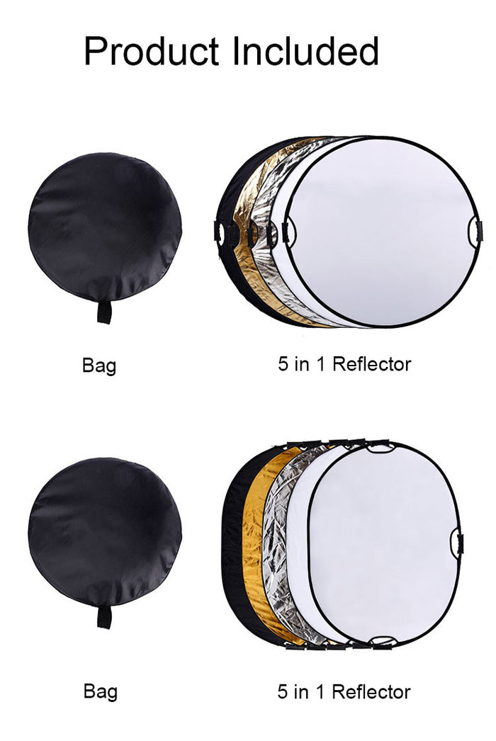 REFLEX CAMERA 5-in-1 Photography Reflector Kit 80cm Round | Translucent, Silver, Gold, White, Black | Dual Handle Collapsible Light Reflector for Studio and Outdoor Photography