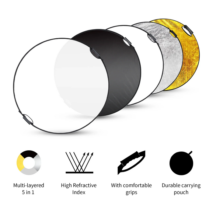 REFLEX CAMERA 5-in-1 Photography Reflector Kit 80cm Round | Translucent, Silver, Gold, White, Black | Dual Handle Collapsible Light Reflector for Studio and Outdoor Photography