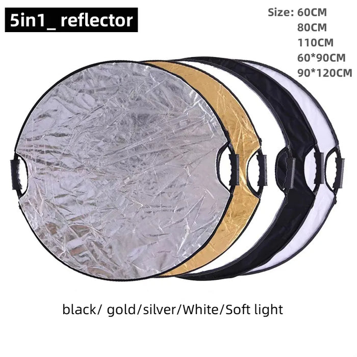 REFLEX CAMERA 5-in-1 Photography Reflector Kit 80cm Round | Translucent, Silver, Gold, White, Black | Dual Handle Collapsible Light Reflector for Studio and Outdoor Photography
