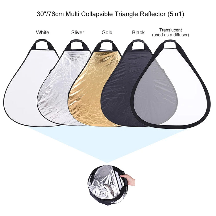 REFLEX CAMERA 5-in-1 Triangle Photography Reflector 60cm (23.6in) | Gold Silver White Transparent Black | Single-Hand Grip | Portable Durable Light Reflector with Carrying Case