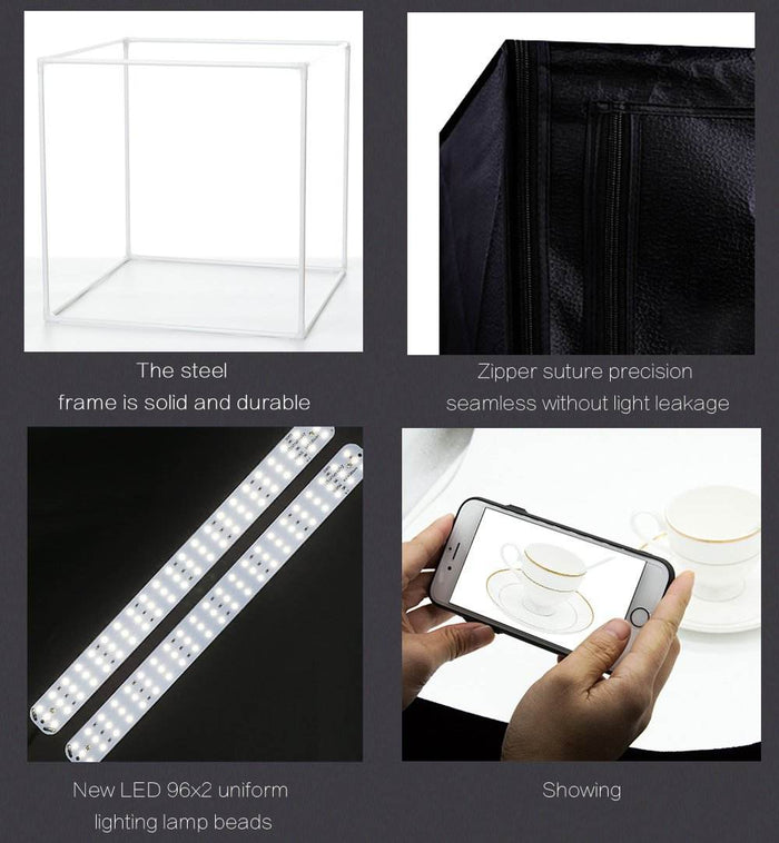 REFLEX CAMERA 60×60×60cm (23.6×23.6×23.6in) LED Light Box Photo Studio | 192 LED Beads 5500K | Foldable Shooting Tent with 3 PVC Backdrops | Professional Product Photography Lightbox
