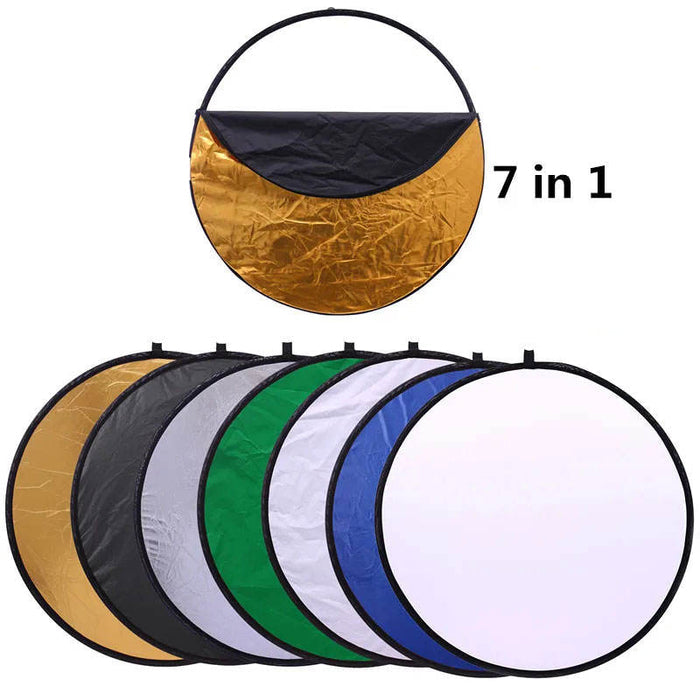 Reflex Camera 7-in-1 Photography Reflector 60cm Round – Translucent/Silver/Gold/White/Black/Blue/Green – Light Diffuser & Chroma Key Background Kit with Carrying Case