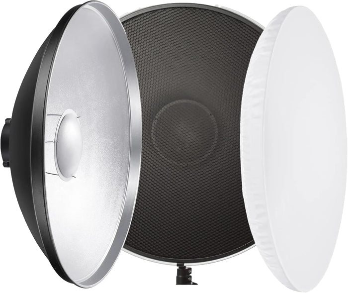 Studio light with softbox, grid, and reflector on a white background