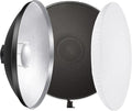 Studio light with softbox, grid, and reflector on a white background