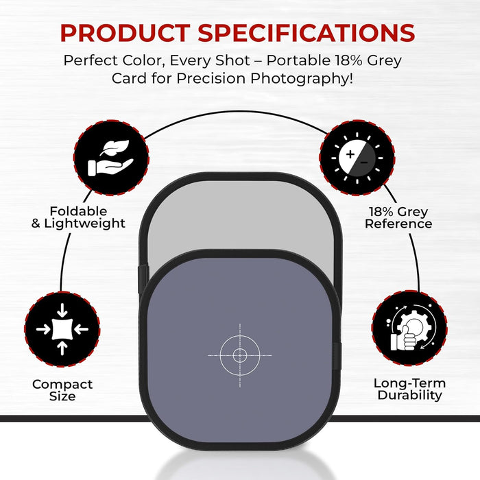 Portable 18% Grey Card for Precision Photography with product specifications on a white background