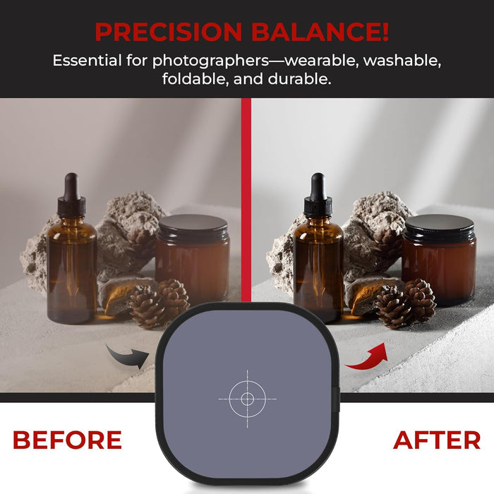 Product comparison showing 'Before' and 'After' effects of using a Grey Card with a focus on precision balance.