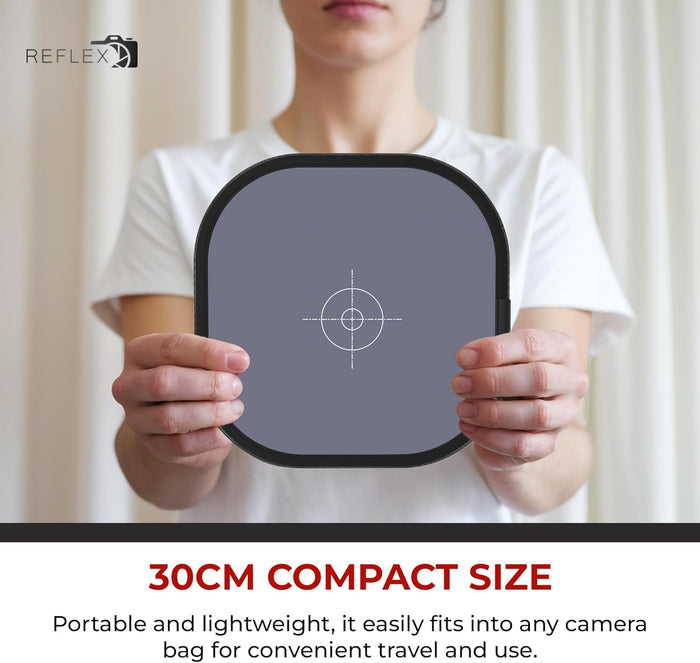 Person holding a 18% Grey Card Highlighting Portability and Light Weight for Travel.