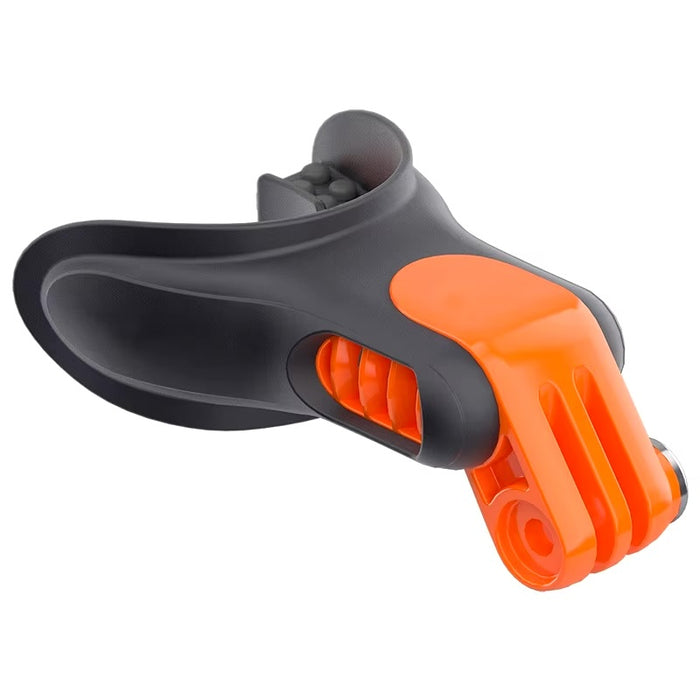 Side profile of a GoPro mouth mount with orange mount bracket and curved ergonomic mouthpiece for comfort and stability.