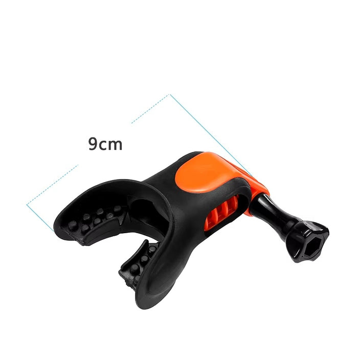 Black and orange GoPro mouth mount with 9cm length measurement, showing size for ergonomic fit.