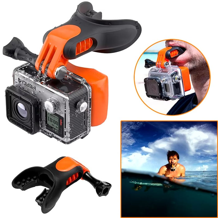 GoPro mounted on an orange and black mouth mount designed for hands-free water sports filming.
