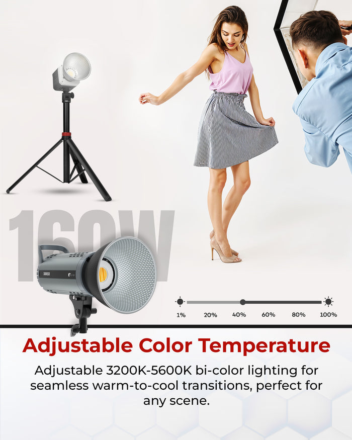 REFLEX CAMERA CL-B200X 160W Bi-Color LED COB Light – 3200K-5600K, CRI 97+, Bowens Mount, 17900 Lux, Dimmable Video Light for Studio Photography, Filmmaking, YouTube, Streaming