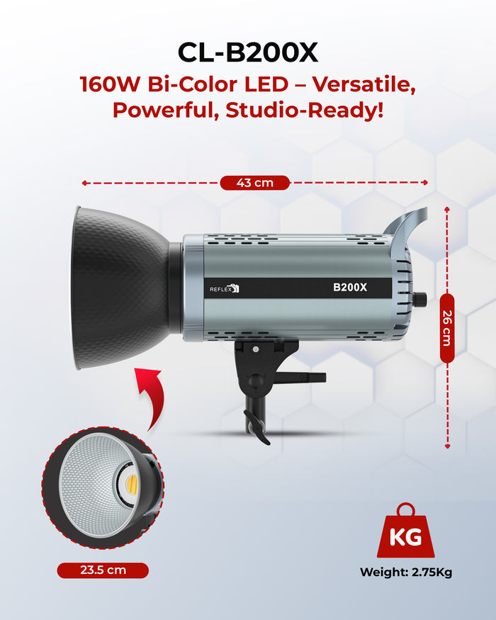 REFLEX CAMERA CL-B200X 160W Bi-Color LED COB Light – 3200K-5600K, CRI 97+, Bowens Mount, 17900 Lux, Dimmable Video Light for Studio Photography, Filmmaking, YouTube, Streaming