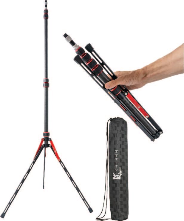Collapsible black and red tripod shown fully extended, held in a folded position by a hand, and displayed next to its matching black carrying case