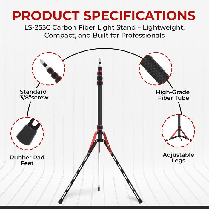 REFLEX CAMERA LS-255C Carbon Fiber Light Stand - Ultra Lightweight (580g), Compact (480mm), 5-Tier, Supports 10kg, Adjustable Height (2.2m), 1/4� & 3/8� Mounts for Flashguns, Softboxes, LED Lights, including free Cary Case.