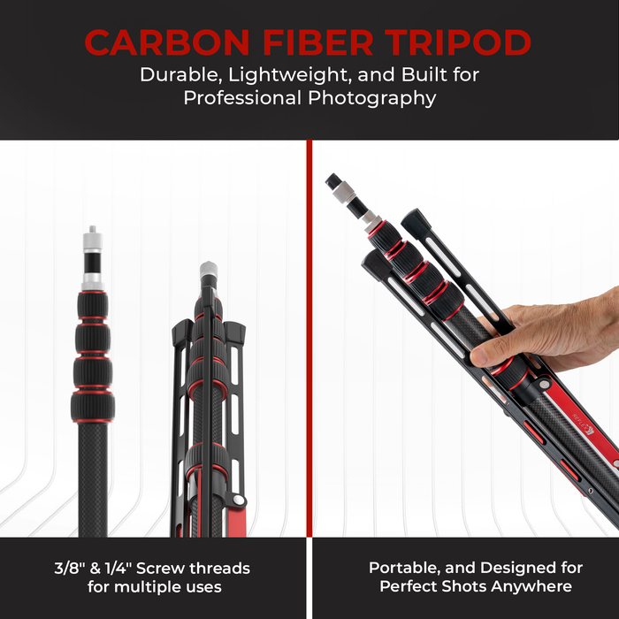 REFLEX CAMERA LS-255C Carbon Fiber Light Stand - Ultra Lightweight (580g), Compact (480mm), 5-Tier, Supports 10kg, Adjustable Height (2.2m), 1/4� & 3/8� Mounts for Flashguns, Softboxes, LED Lights, including free Cary Case.