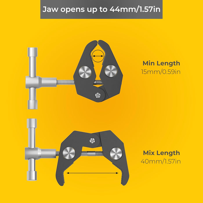 Illustration of a mini clamp with measurements on a yellow background