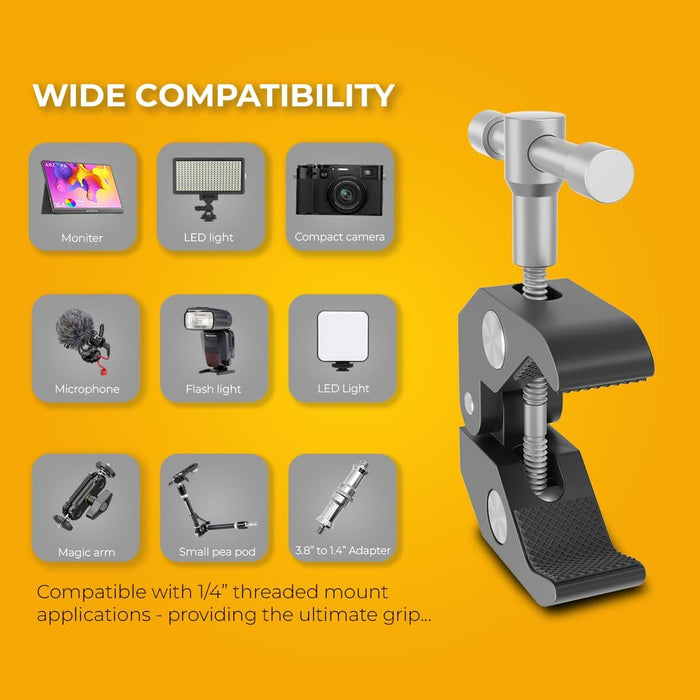 Camera mount with compatibility features on a yellow background