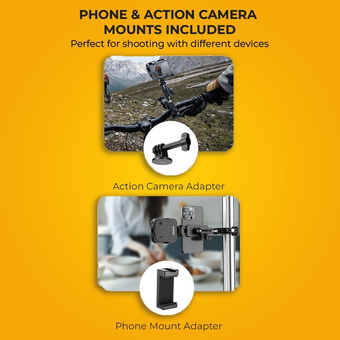 Phone and action camera mounts on a yellow background with text about compatibility with different devices.