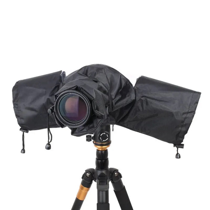 DSLR camera fully enclosed in a black rain cover mounted on a tripod, lens exposed for shooting.