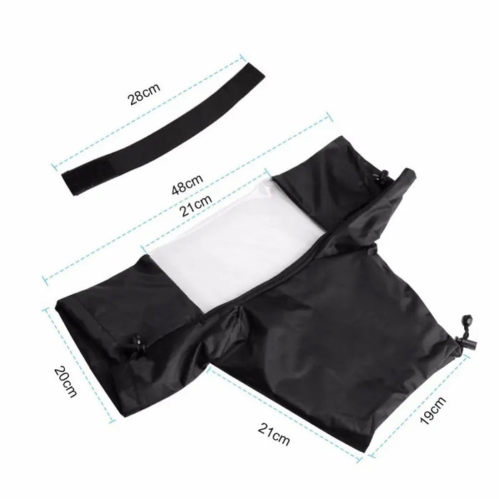 Waterproof camera rain cover with clear window and measurement dimensions labeled in centimeters