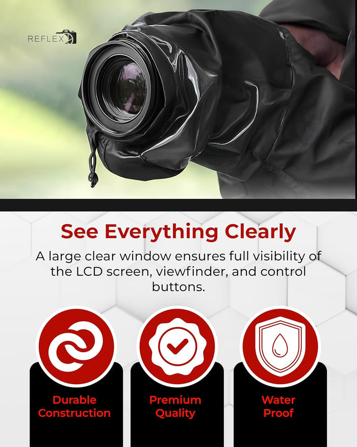 Camera with rain cover held by a person, featuring text and icons about camera features.