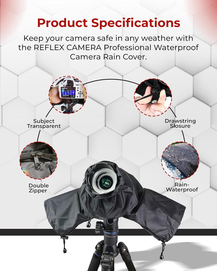 Camera rain cover with product specifications on a white background