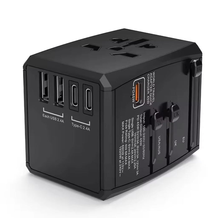 A black universal all-in-one travel adapter and GaN charger with multiple ports, including USB-A and USB-C, displayed against a white background.