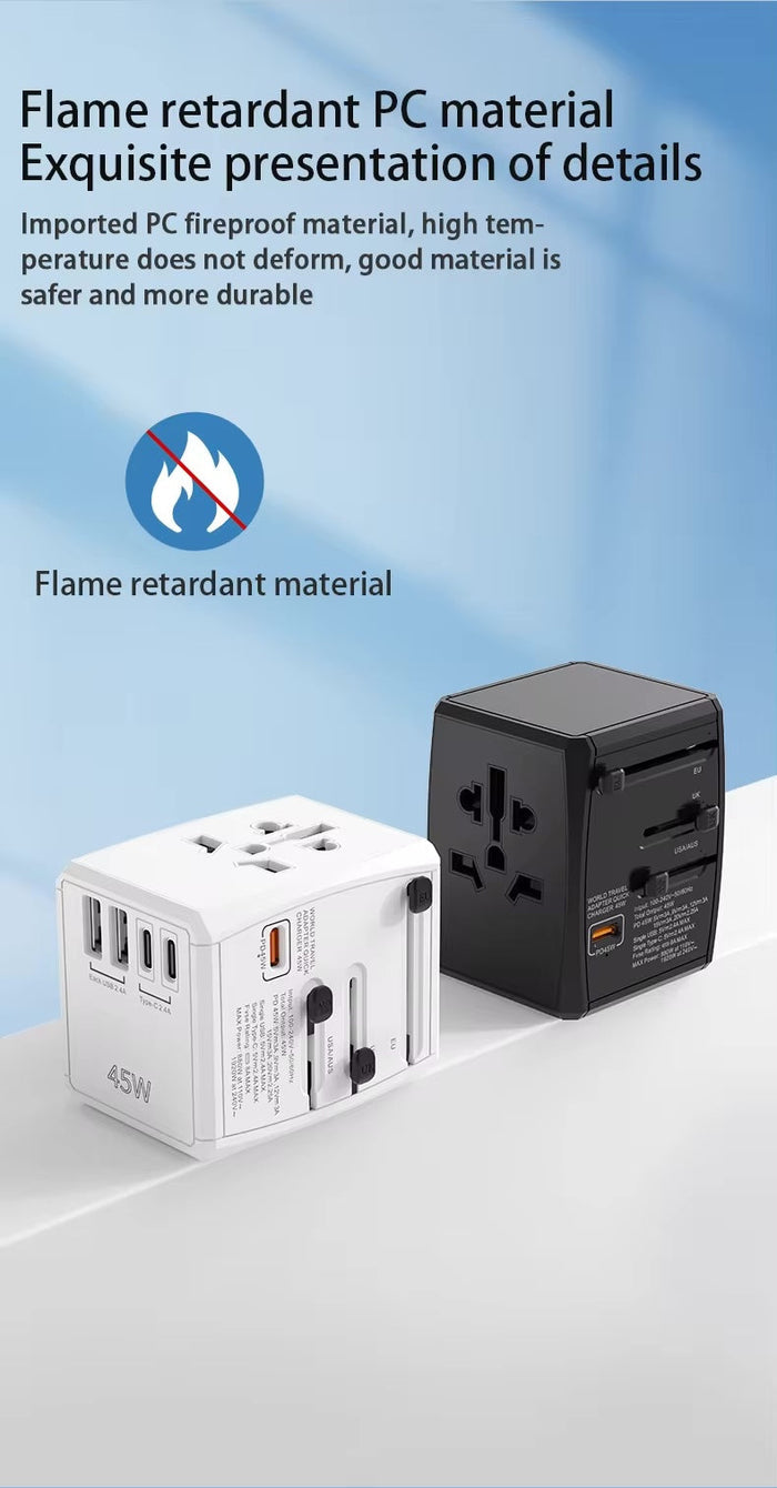 Flame-retardant travel adapter made from durable PC material for international charging safety”