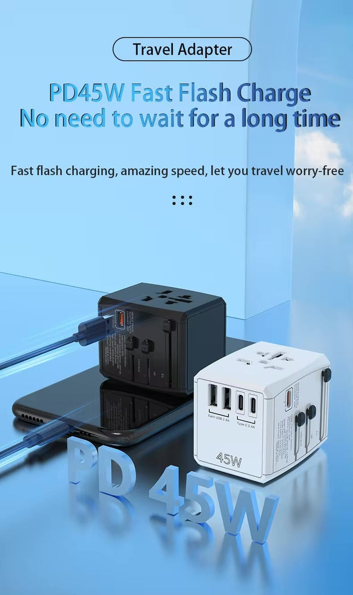 Universal travel charger powering tablet and phone with PD 45W fast charging through USB and Type-C ports