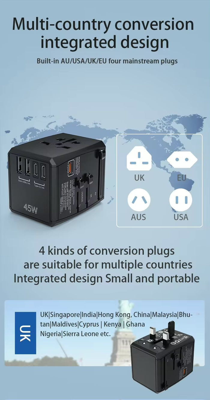 World map showing plug compatibility for USA, AUS, EU, and UK with 45W universal travel adapter