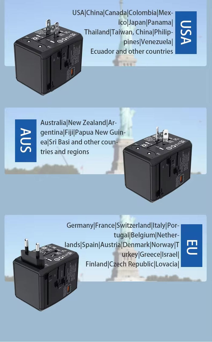 Travel Adapter showing worldwide compatiblity across multiple countries
