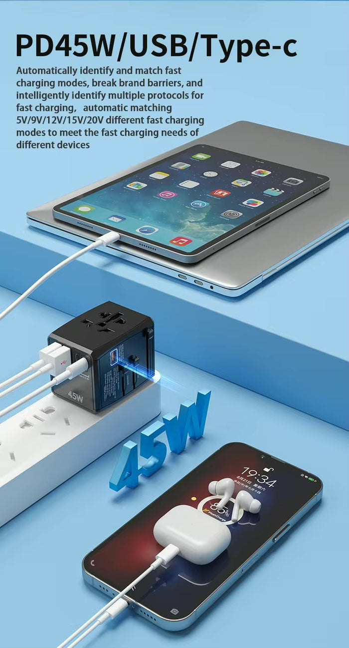 Universal travel charger powering tablet and phone with PD 45W fast charging through USB and Type-C ports