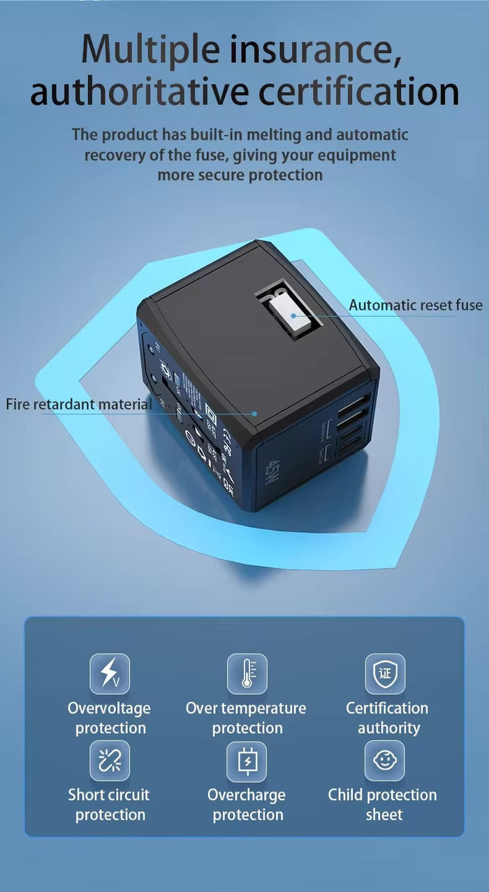 Travel adapter with multiple safety protections including overvoltage and overcharge protection