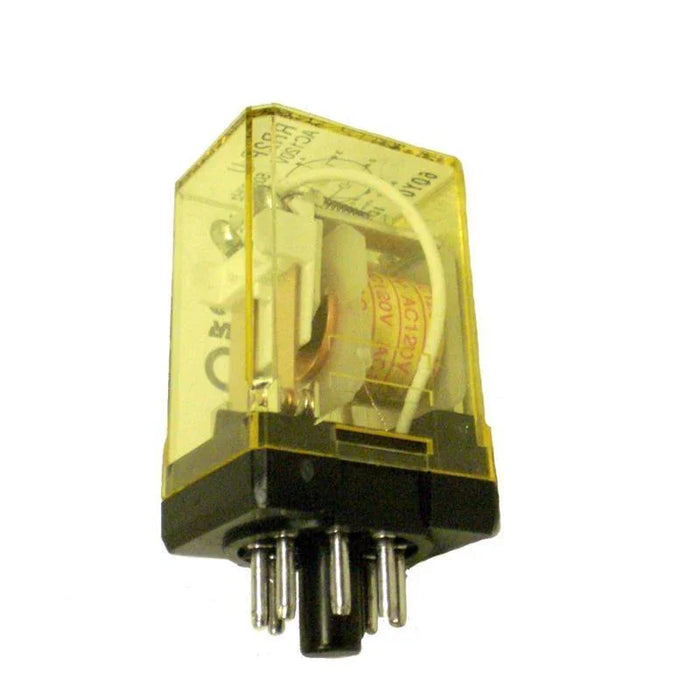 DPDT relay with transparent yellow cover and metal pins, 110V AC coil