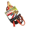 Heavy-duty rescue booster cables with clamps and red and black wires in retail packaging