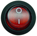 Red round rocker switch with on off symbols, black casing, facility power part