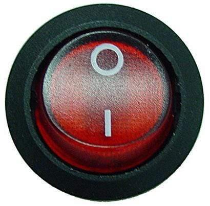 Red round rocker switch with on off symbols, black casing, facility power part