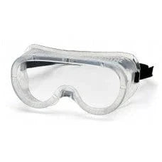 Clear safety goggles with adjustable black strap for eye protection