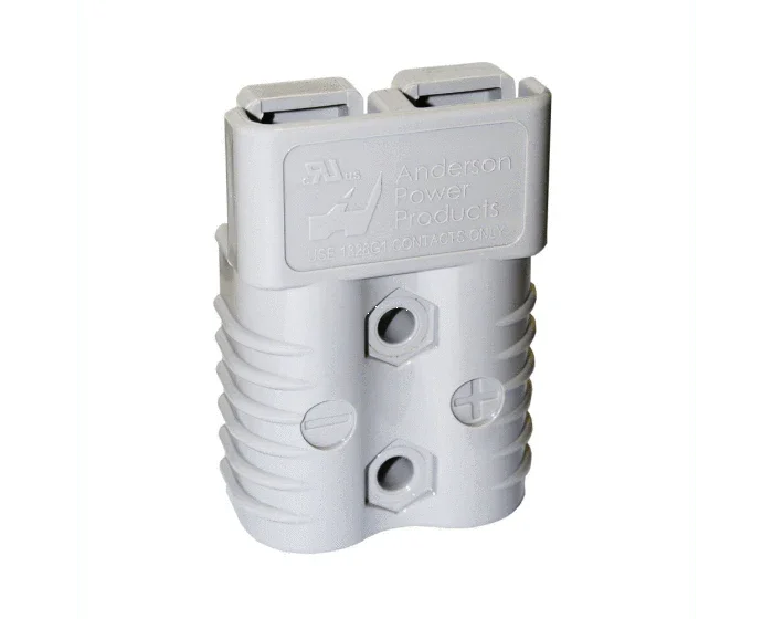 Gray SB175 175 amp connector housing with ribbed sides and polarity markings