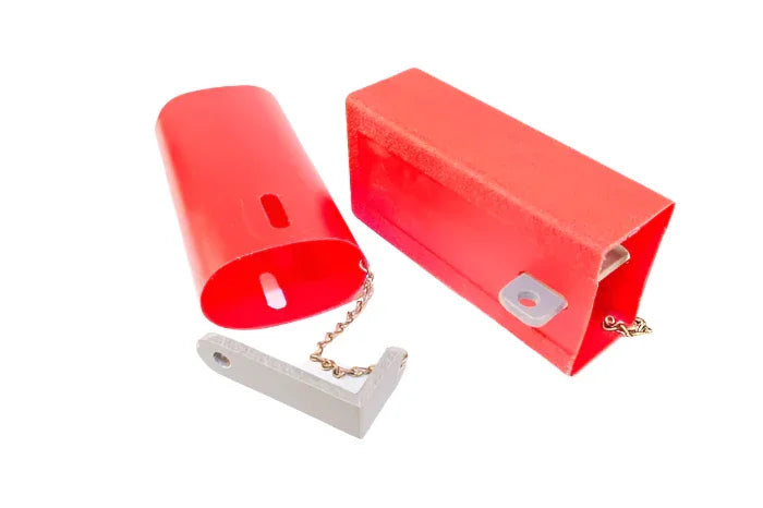 Red SB and SBX connector lockout device for electrical safety, with chain and latch