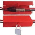 Red locking connector lockbox with padlock securing electrical cables